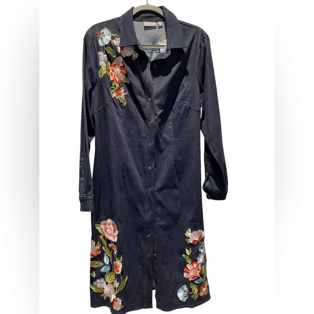 Embroidered denim shirt dress.  Dark wash with bright floral pattern.